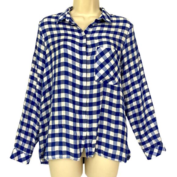 Zara Tops - Zara‎ Basic Top Medium Womens Buffalo Plaid Button Up Pocket Silky Blue White